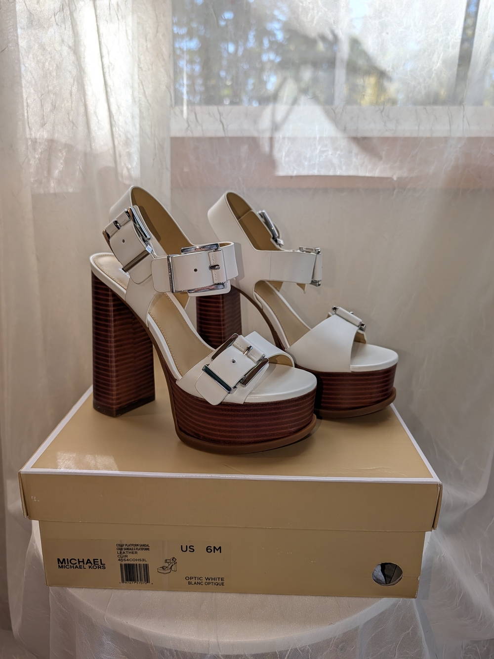 Michael Kors White Leather Platform Sandals with Stacked Wood Heel